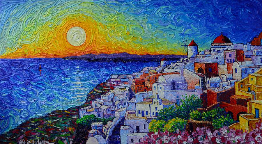 SANTORINI OIA SUNSET modern impressionist impasto palette knife oil painting by Ana Maria Edulescu Painting by Ana Maria Edulescu