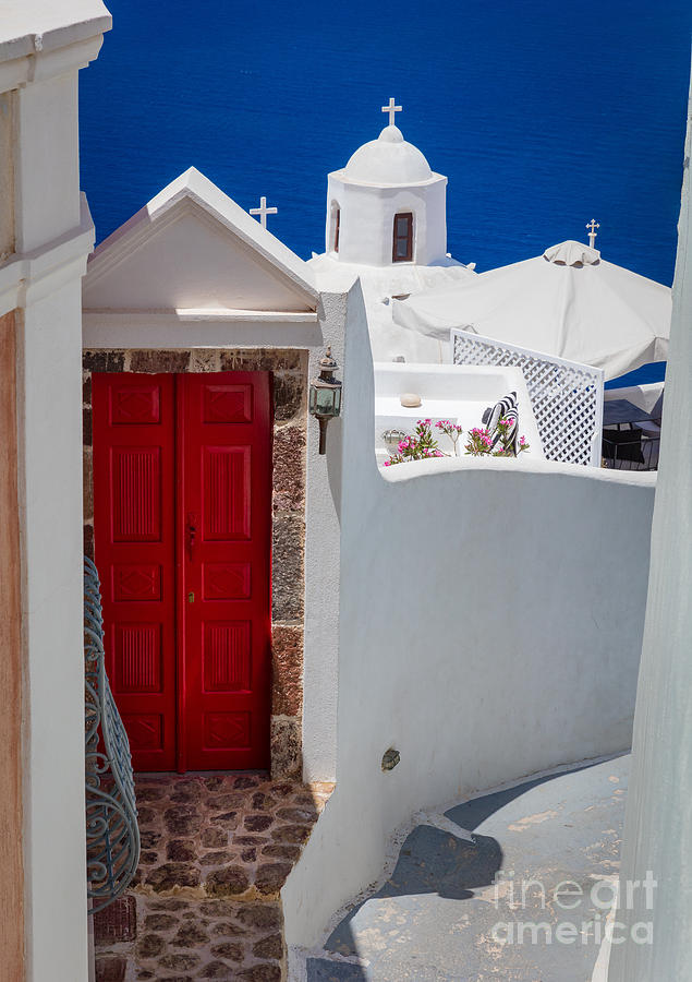 Greek Photograph - Santorini Red Door by Inge Johnsson