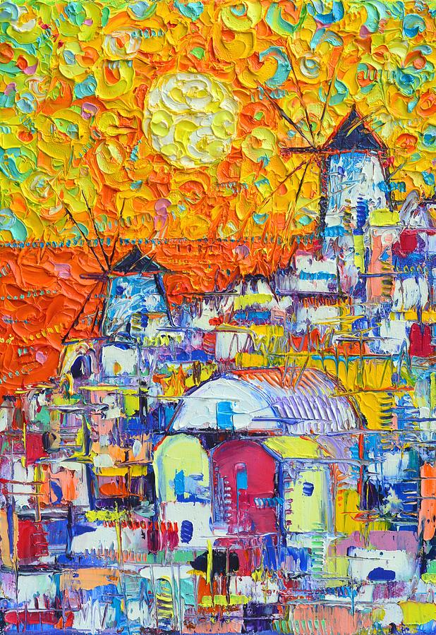 SANTORINI SUNSET OIA WINDMILLS modern impressionist abstract cityscape knife oil Ana Maria Edulescu Painting by Ana Maria Edulescu