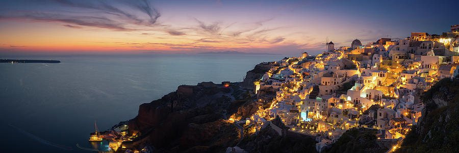 Greek Photograph - Santorini sunset panorama by Edwin Mooijaart