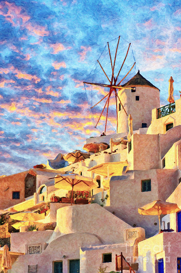 Santorini Windmill at Oia Digital Painting Painting by Antony McAulay