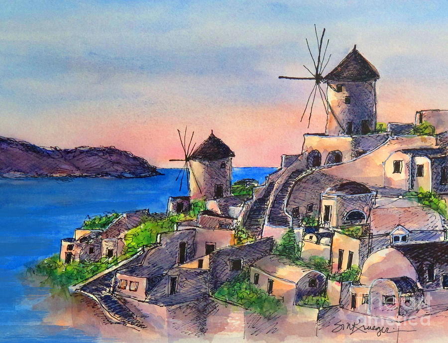 Santorini Windmills Painting by Suzanne Krueger