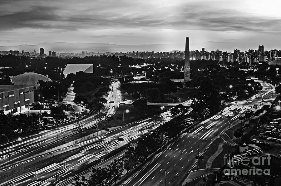 Sao Paulo Skyline - Ibirapuera and Obelisk - Black and White Photograph by Carlos Alkmin