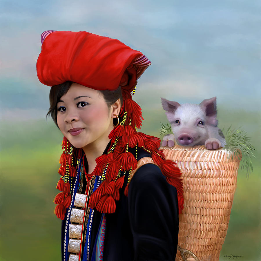 Sapa girl and her pig - new Digital Art by Thanh Thuy Nguyen