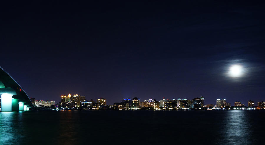 Sarasota Bay Photograph - Sarasota cityscape-night-full moon by John Myers