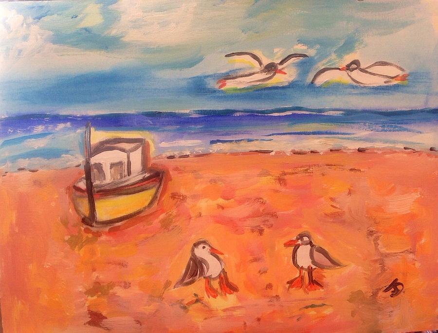 Bird Painting - Satisfied  seagulls by Judith Desrosiers