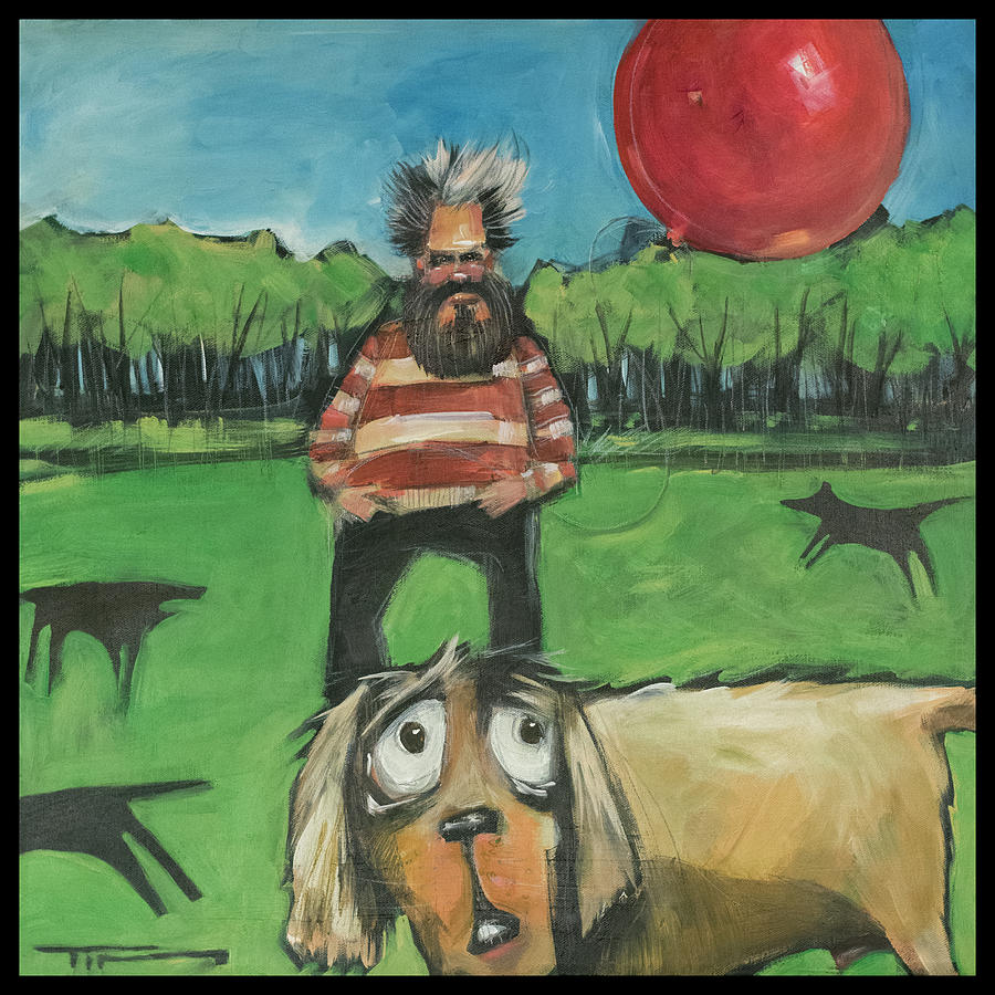 Saturday Afternoon At The Dog Park With Bearded Man And Balloon Painting by Tim Nyberg