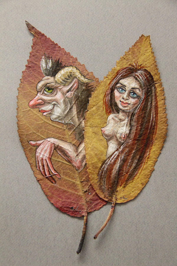 Satyr and Fairy on Cherry leaf  Painting by Victor Molev