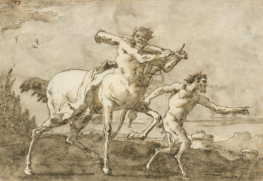 Satyr Leading a Centaur, Who Carries a Club, Bow and Quiver, Outside the Walls of a City Drawing by Giovanni Domenico Tiepolo