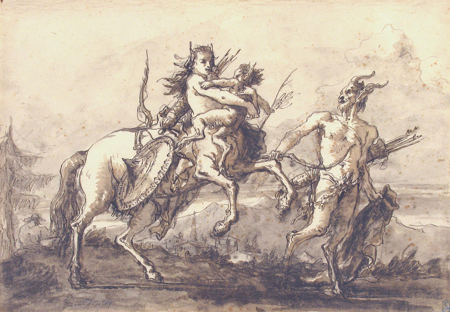 Satyr Leading a Centauress Who Holds a Satyr Child Drawing by Giovanni Domenico Tiepolo