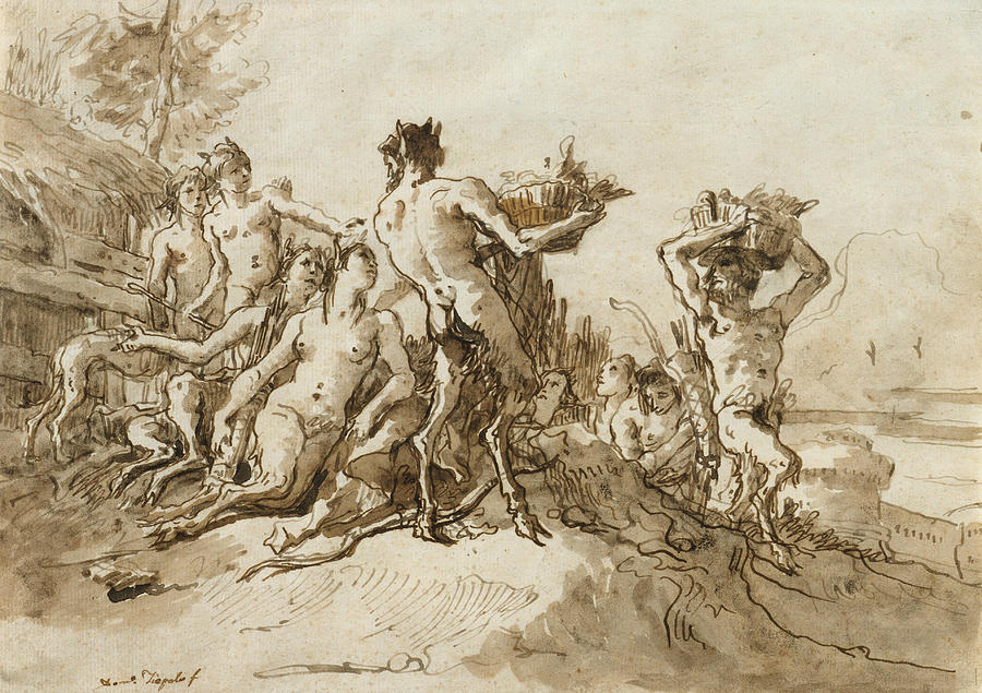 Satyrs Carrying Baskets of Provision for Their Families Drawing by Giovanni Domenico Tiepolo