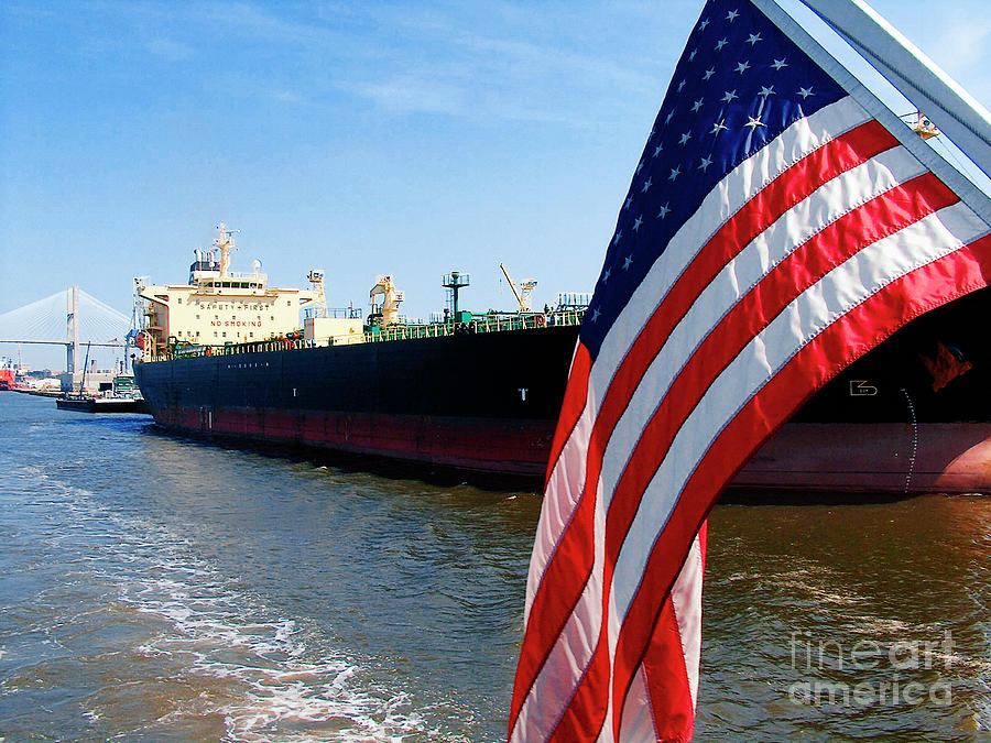 Savannah Georgia Container Ship and US Flag Photograph by Ginette Callaway