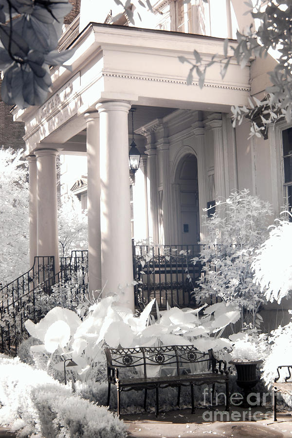 Savannah Porches Historical Homes - Savannah Olde Pink House Black White Infrared Architecture Print Photograph by Kathy Fornal