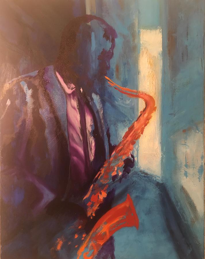 Saxophone player Painting by Grus Lindgren