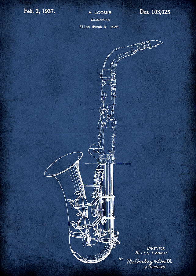 Saxophone vintage patent print blue Digital Art by Mihaela Pater Fine