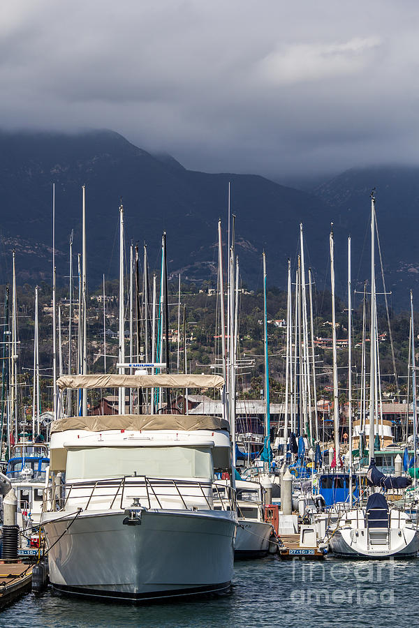 Boat Photograph - SB Harbor with Mountains by Shawn Jeffries