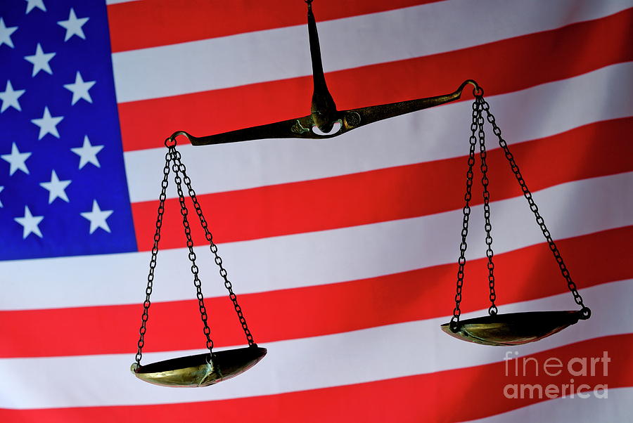 Scales of Justice and American flag Photograph by Sami Sarkis