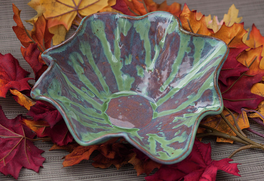 Scalloped Bowl with Smokey Merlot and Textured Turquoise Blue Rutile Drips Ceramic Art by Suzanne Gaff
