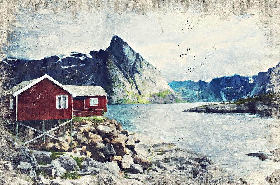 Scandinavian Fyord and a red cottage by Adam Asar Painting by Celestial Images