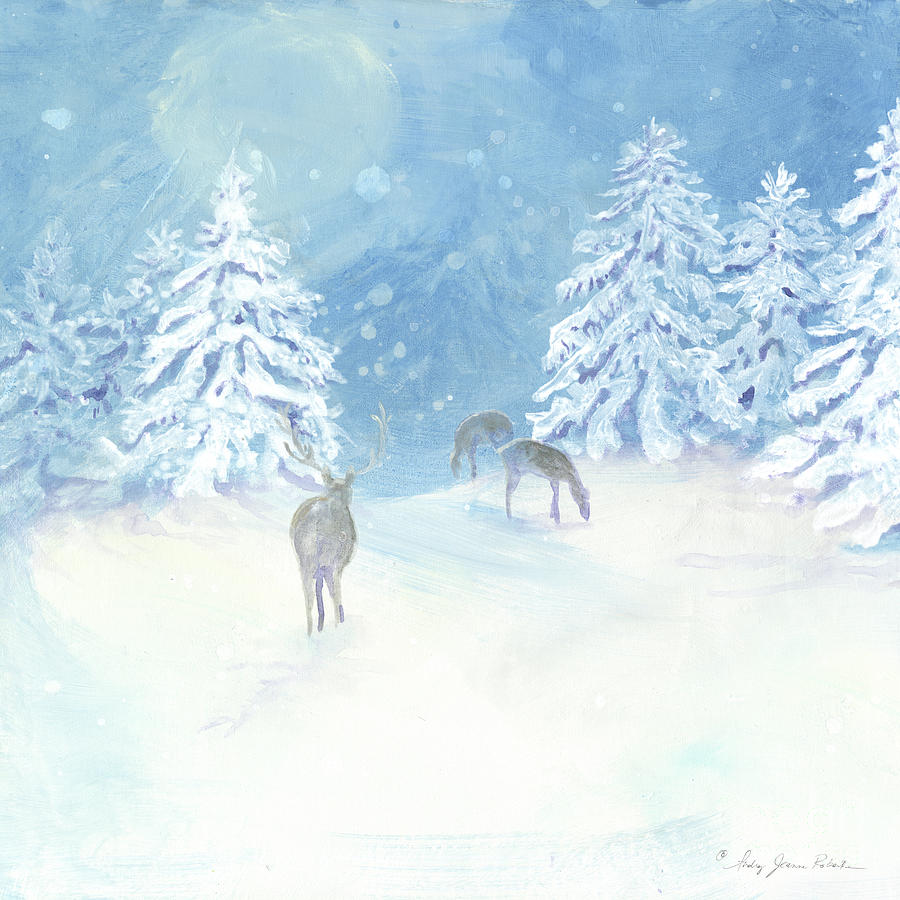 Scandinavian Winter Snowy Trees with Deer Hygge 2 Painting by Audrey Jeanne Roberts