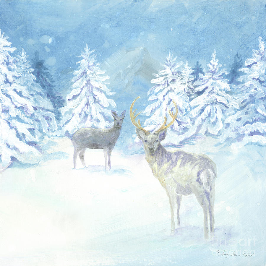 Scandinavian Winter Snowy Trees with Deer Hygge 3 Painting by Audrey Jeanne Roberts