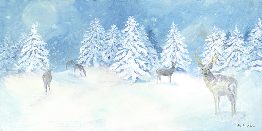 Scandinavian Winter Snowy Trees with Deer Hygge Painting by Audrey Jeanne Roberts