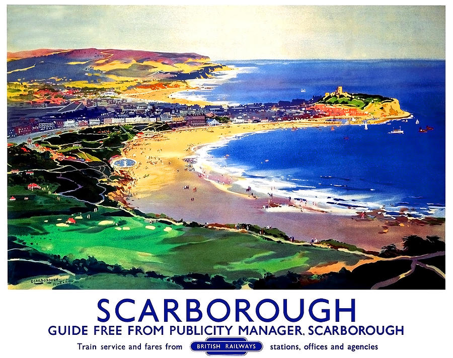 Vintage Painting - Scarborough beach, seaside,vintage travel poster by Long Shot