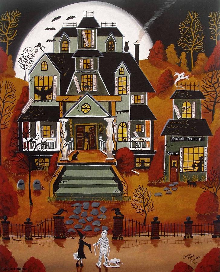 Scaredy Cat - Halloween folk art - artist folkartmama Painting by Debbie Criswell