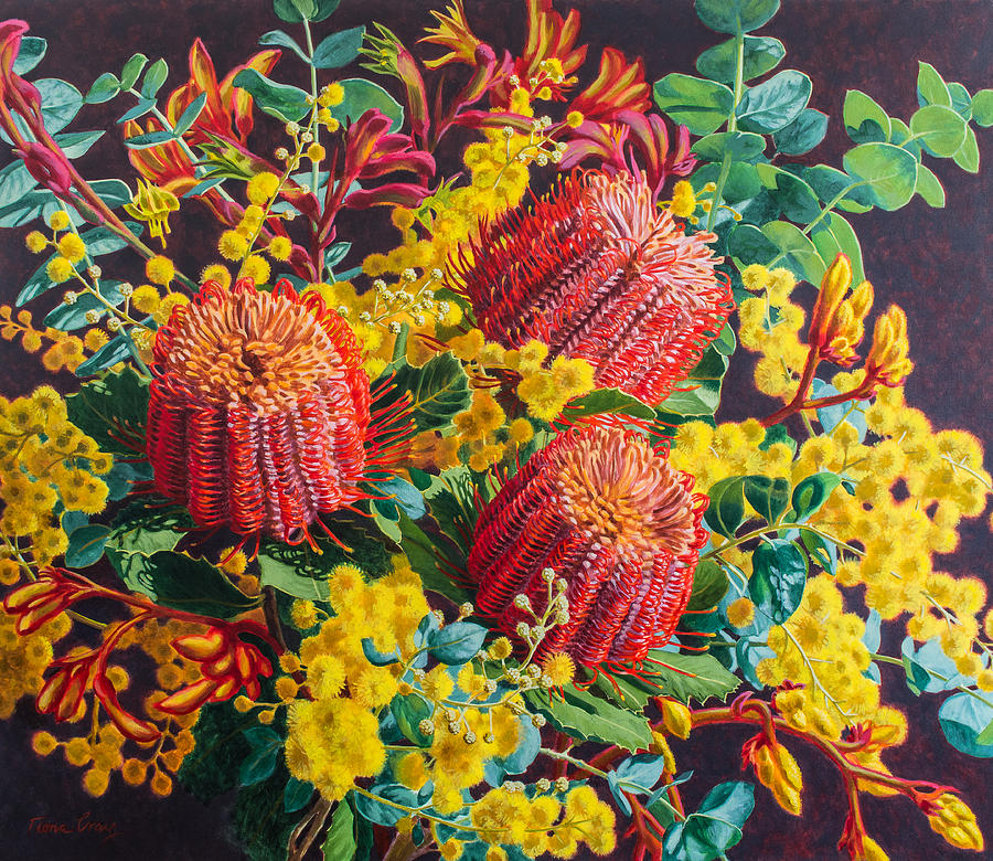 Flower Painting - Scarlet Banksias and Wattle by Fiona Craig