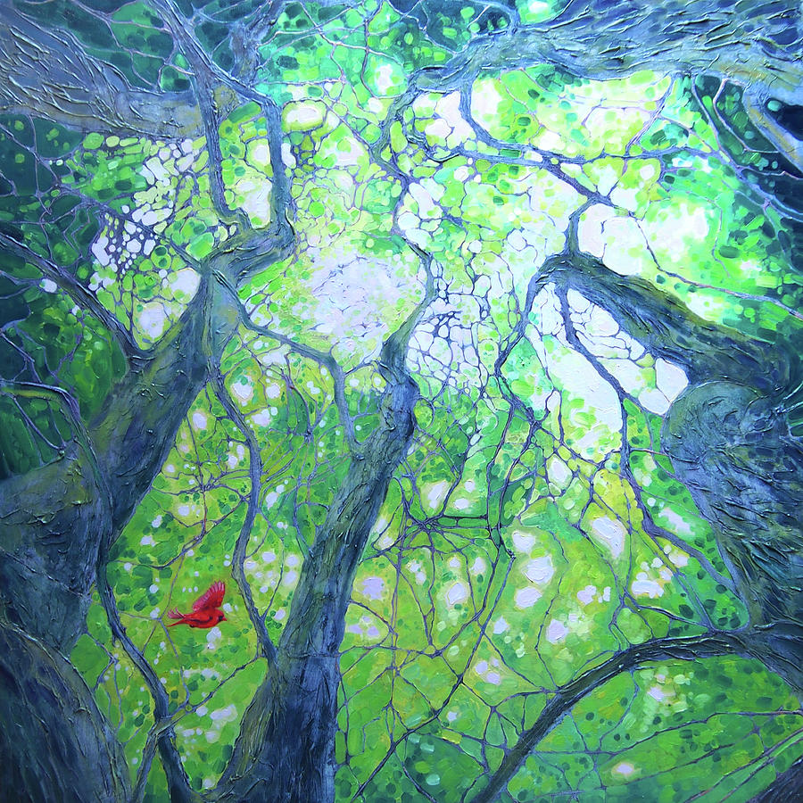 Scarlet in the Wyldwood - a green forest landscape Painting by Gill Bustamante