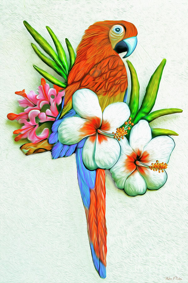  Scarlet Macaw and Tropical Flowers Digital Art by Walter Colvin