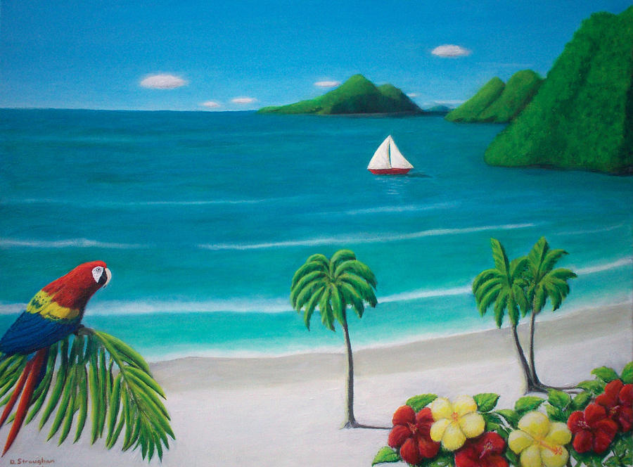 Scarlet Macaw at a Tropical Beach Painting by David Straughan