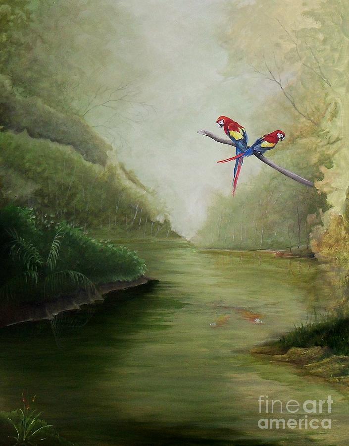 Macaw Painting - Scarlet Macaws Rainforest River by William Patterson