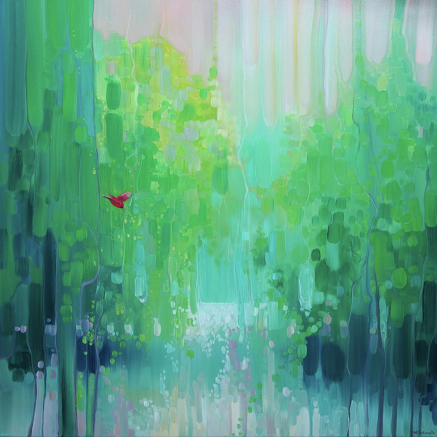 Scarlets Green World - green semi abstract landscape with red bird Painting by Gill Bustamante