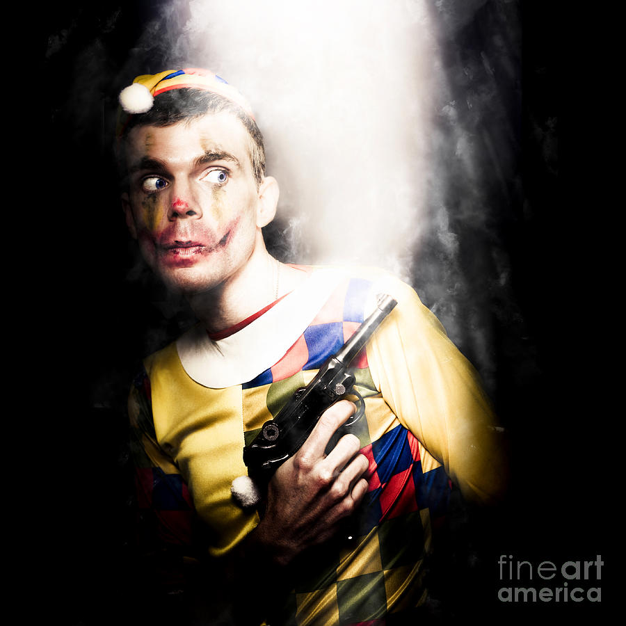 Halloween Photograph - Scary Clown Standing In Shadows With Smoking Gun by Jorgo Photography