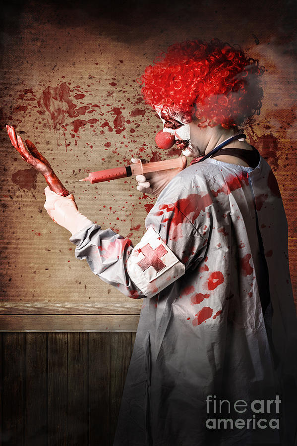 Halloween Photograph - Scary medical clown injecting horror into limb by Jorgo Photography