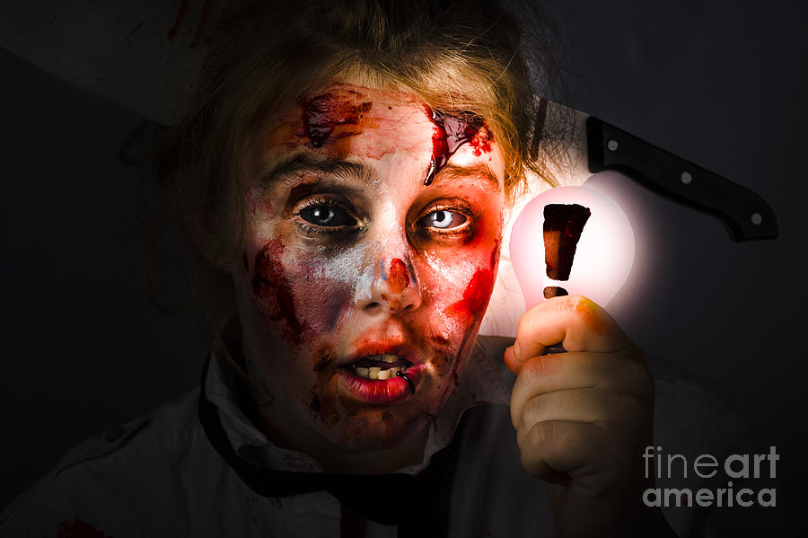 Halloween Photograph - Scary zombie with Halloween idea light bulb by Jorgo Photography