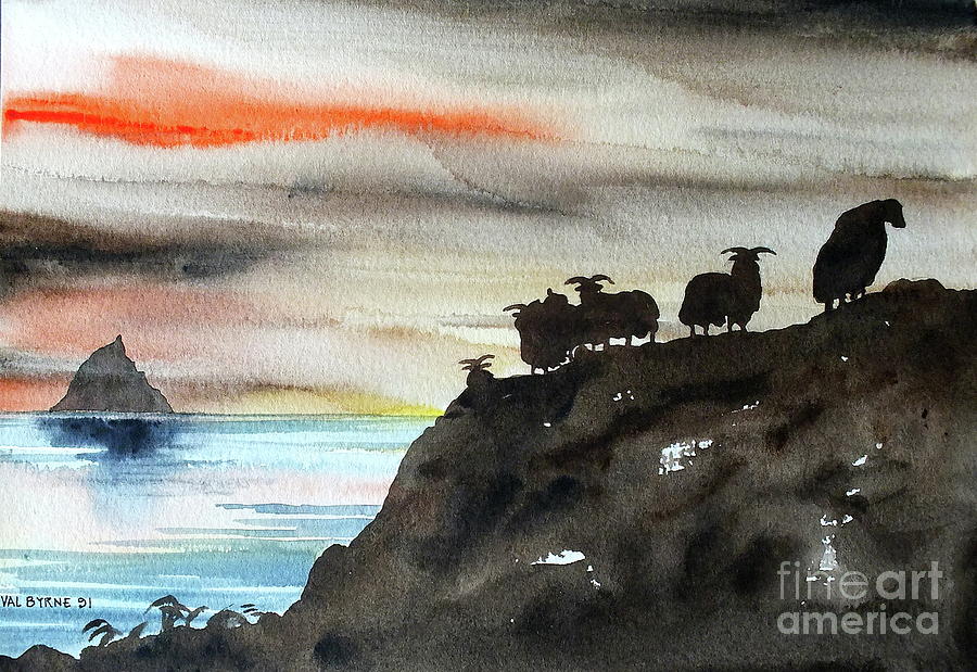 Sheep Painting - Sceilig Micil from Teraught, Kerry by Val Byrne