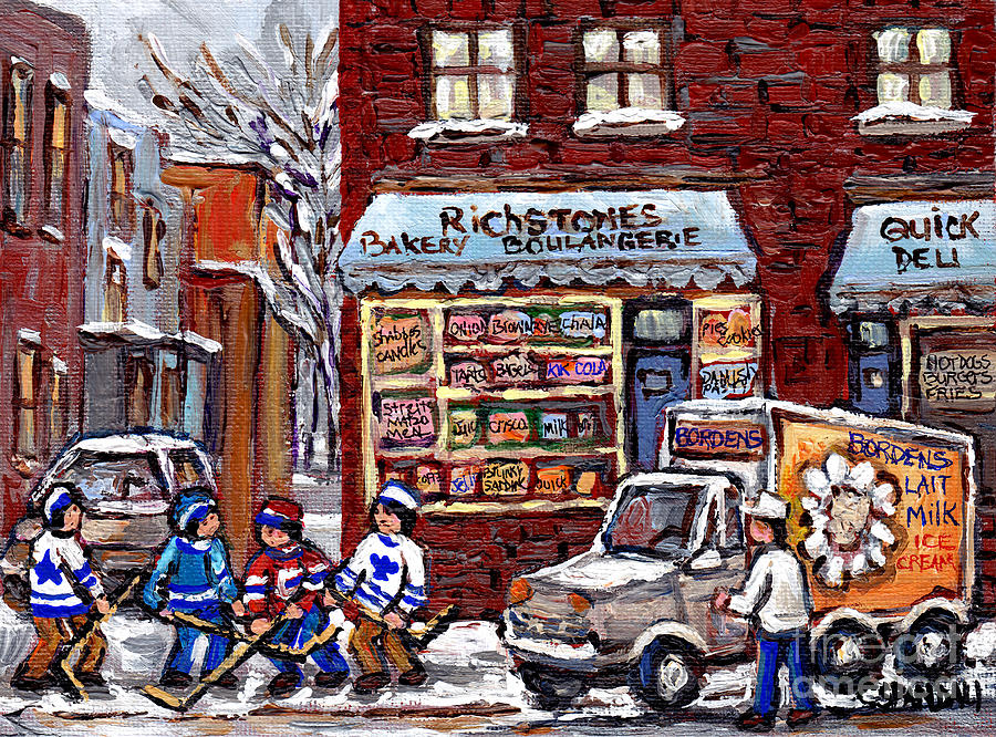 Scene De Rue De Montreal Avec Partie De Hockey De Rue Tableau Original A Vendre Painting by Carole Spandau