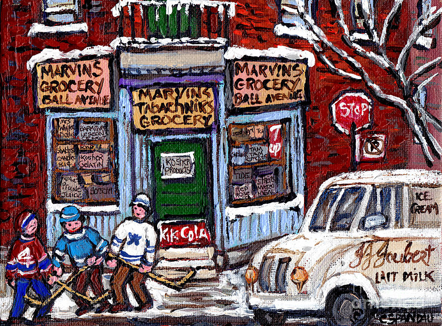 Scene De Ville De Montreal Avec Joueurs De Hockey De Rue Tableau Originale Par Artiste Quebecois Painting by Carole Spandau
