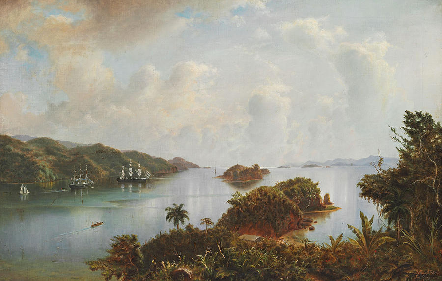 Scene from the Caribbian with ships at anchor off the coast between small islands Painting by Andreas Riis Carstensen