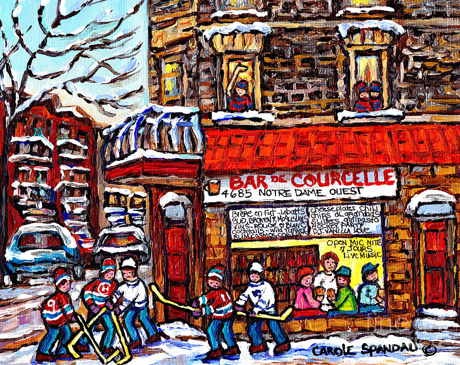 Scene Of Pointe St Charles Bar De Courcelle Montreal Winter Hockey Scene Canadian Art Carole Spandau Painting by Carole Spandau