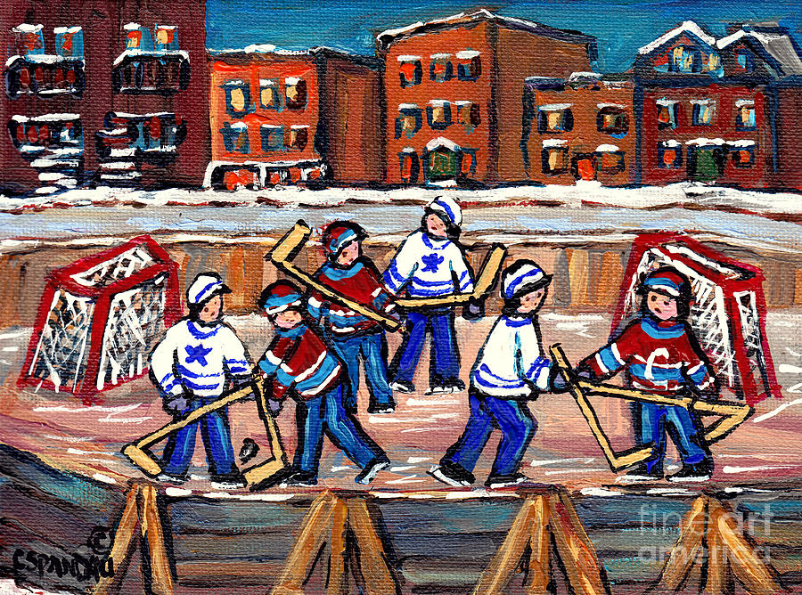 Scene Urbain De Montreal Avec Patinoire De Hockey A Lexterieur Verdun En Hiver Painting by Carole Spandau