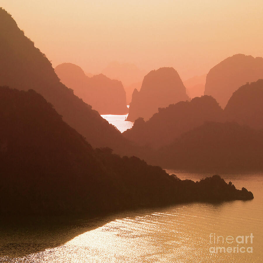 Sunset Photograph - Scenic sunset in Halong Bay, Vietnam by Delphimages Photo Creations