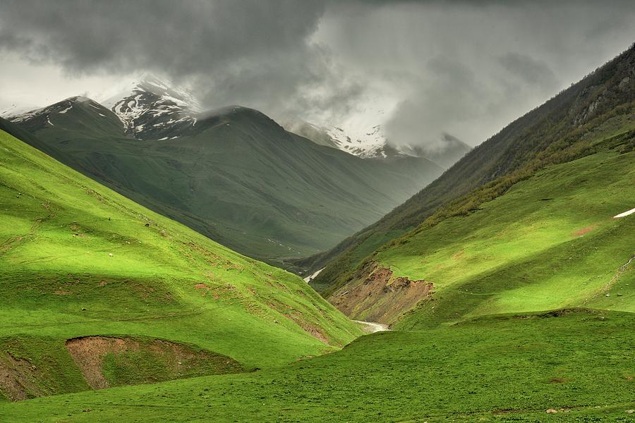 scenic view of Enguri river valley with Shkhara mountai Photograph by ...