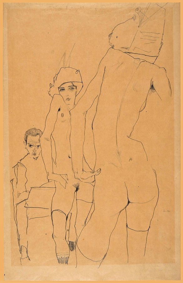 Egon Schiele Drawing - Schiele with Nude Model before the Mirror by Egon Schiele