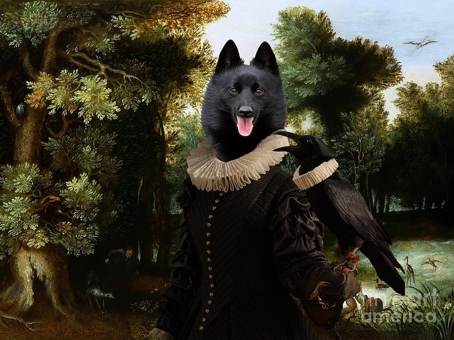 Dog Painting - Schipperke Art Canvas Print - Forest landscape with a hunter and Noble Lady by Sandra Sij