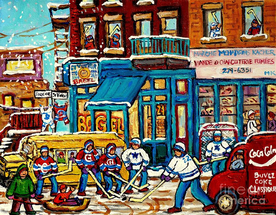 School Bus Paintings St Viateur Bagel The Jewish Street Montreal Memories Mehadrin Kosher Butcher Painting by Carole Spandau