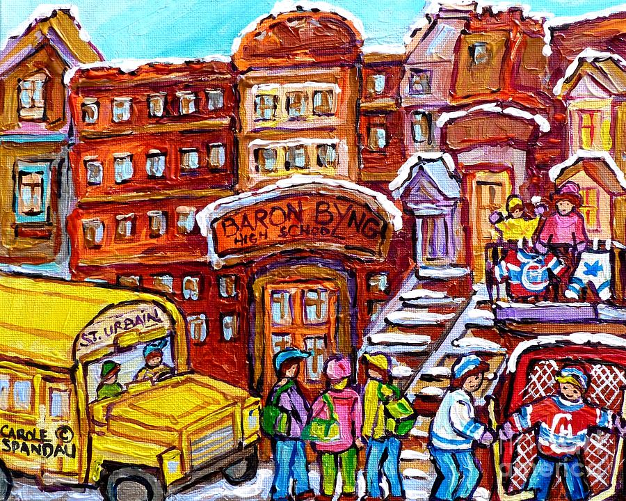 School Bus Rue St Urbain Baron Byng High Montreal 375 Hockey Art Colorful Street Scene Painting      Painting by Carole Spandau
