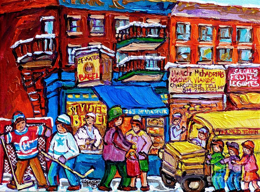 School Bus St Viateur Montreal 375 Hockey Art Colorful Streetscene Painting Beautiful Original Art  Painting by Carole Spandau